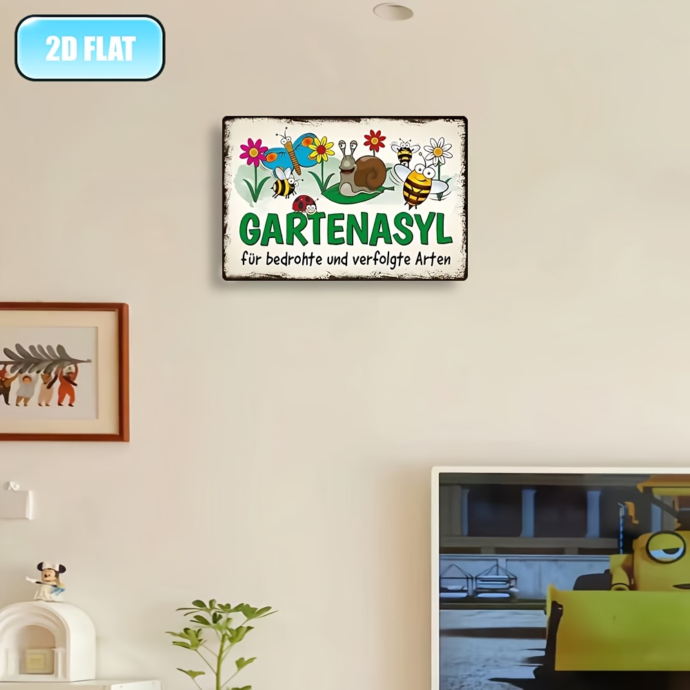 Image of 2d Flat, 1pc Vintage Garden Aluminum Wall Art Sign - "garden For And Persecuted " German Sign, 20.32x30.48cm, Vibrant Garden Theme With Snail, Ladybug, And Bees, Decor For Home, Office, Outdoor, Bar