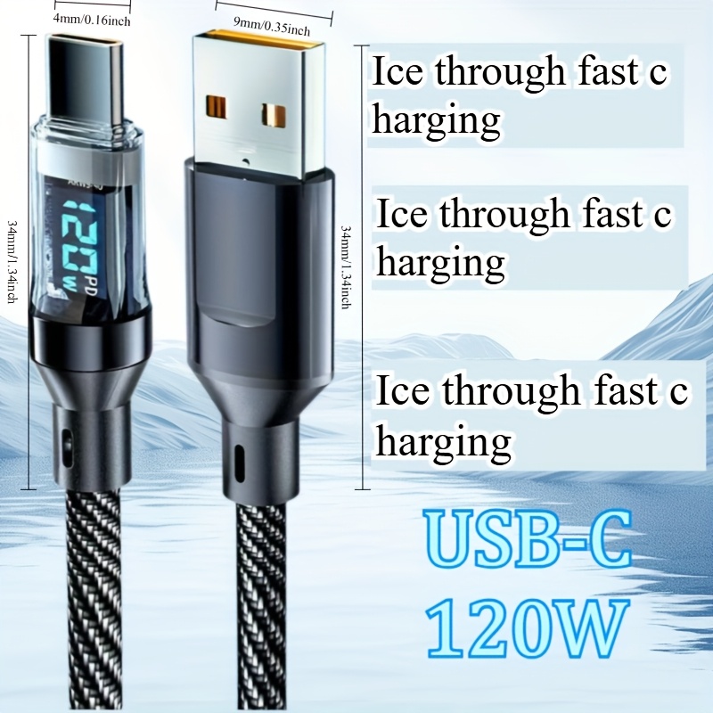 Câble USB A vers Type-C de charge ultra-rapide 120W avec affichage numérique LED, surface mate, synchronisation de données, transfert d'énergie USB, courant élevé de 6A, compatible avec iPhone 15/16, Xiaomi, POCO pour for Samsung