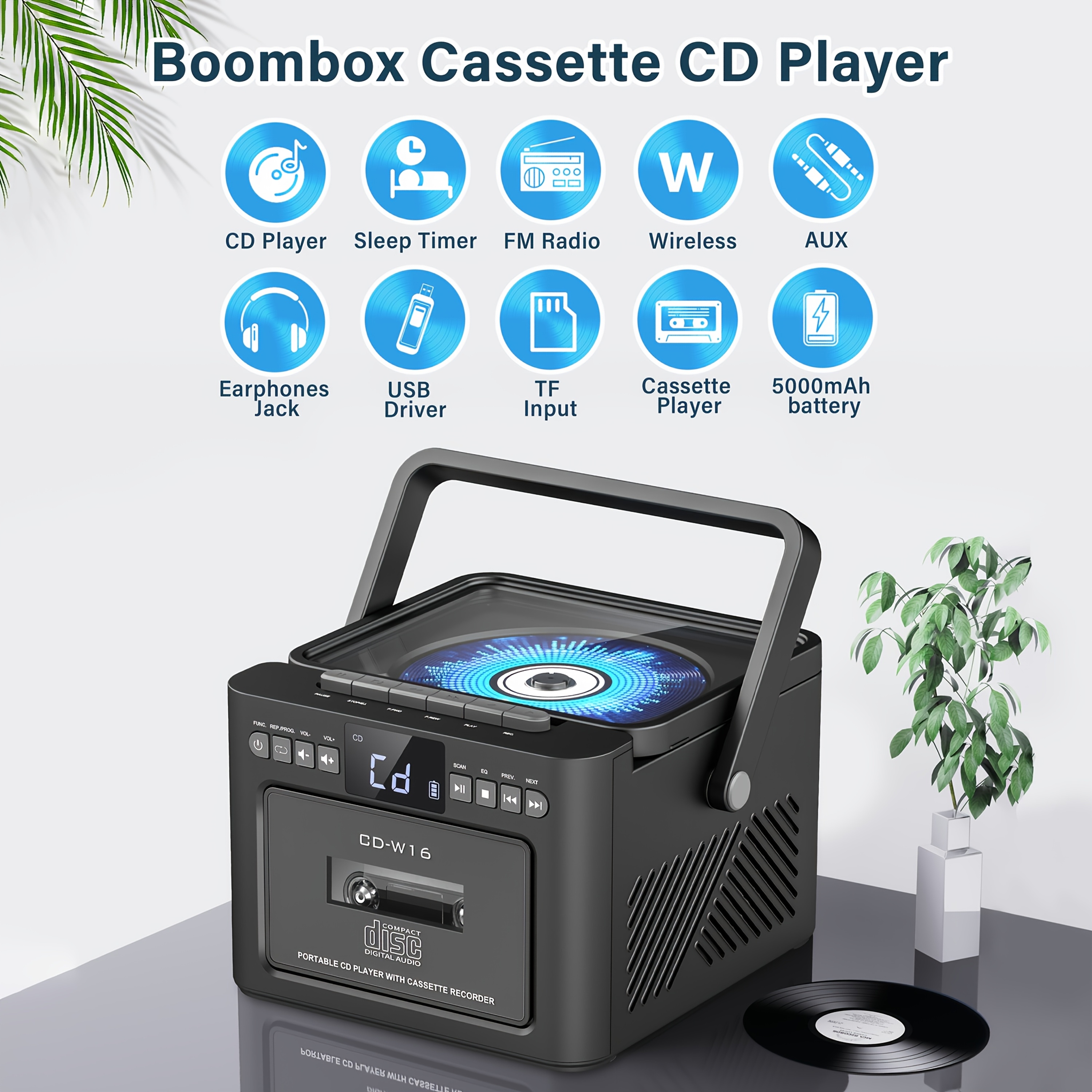 CD Kasetofon Boombox s 5000mAh Polnilno Baterijo, Prenosni CD Predvajalnik, 5 W Dvojni Stereo Zvočnika, Kombinirani CD Kasetofon z FM Radiem,