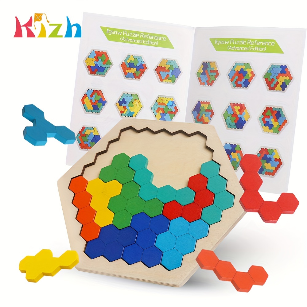 

Wooden Hexagon Puzzle - Brain Teaser Challenge Toy For All Ages - Stem Montessori Educational Learning Gift