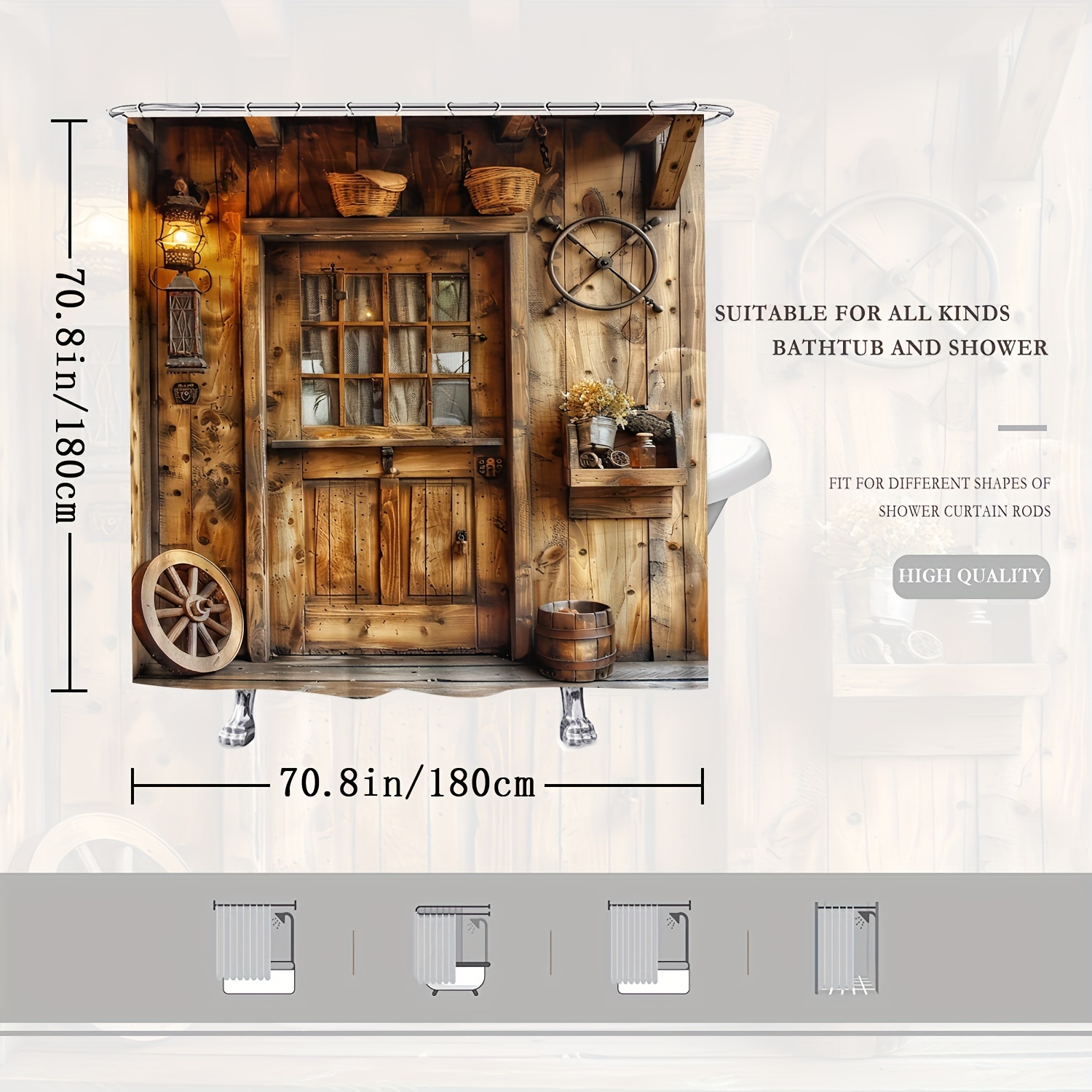 TEMU Rustic Farmhouse Shower Curtain - Vintage Wooden Door & Lantern Design, Washable Polyester, Use, Bathroom Decor, Bathroom Curtains | Vintage Door Design | Durable Shower Curtain, Bathroom Decor