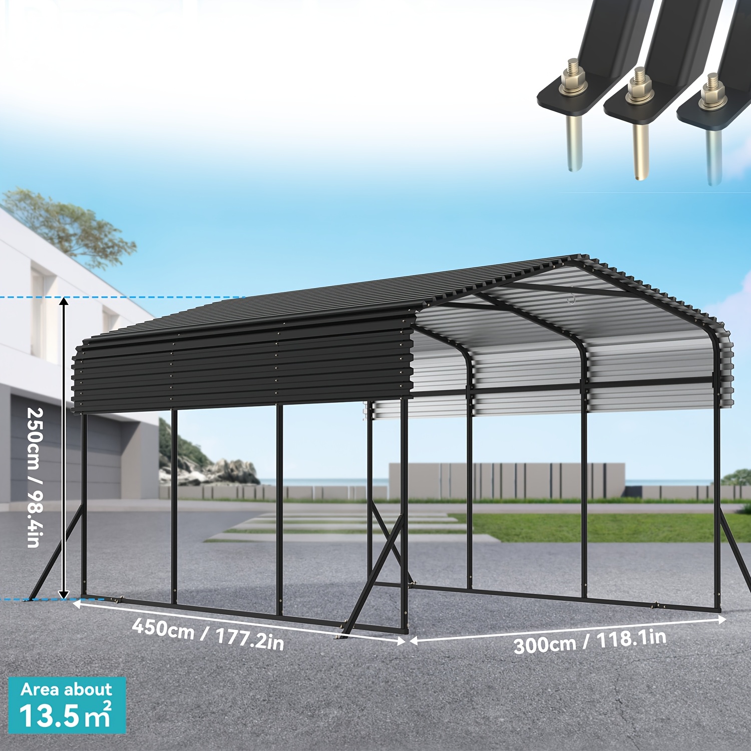 Image of 10x15/12x20ft Heavy-duty Metal Carport Garage Canopy With Reinforced Base & Steel Roof Frame - Outdoor Vehicle Shelter Suitable For Car, Motorcycles, Rv, Storage, Driveway Cover, Frame