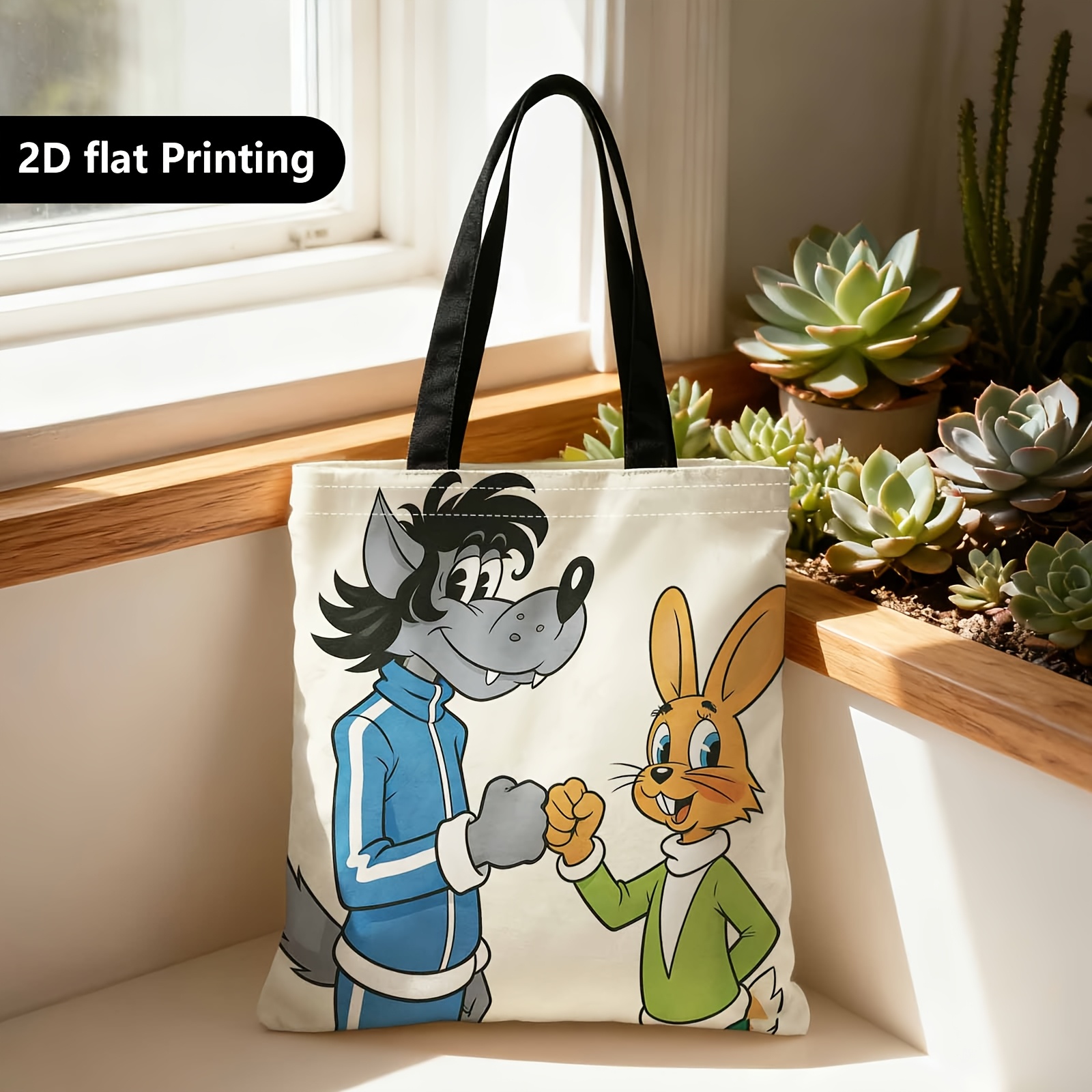 E-shop Einkaufstasche, Tragbare Schulter- Handtasche, 2D-beidseitig bedruckt, Bump, anthropomorpher Wolf, glücklicher Hase, geeignet für Reisen,