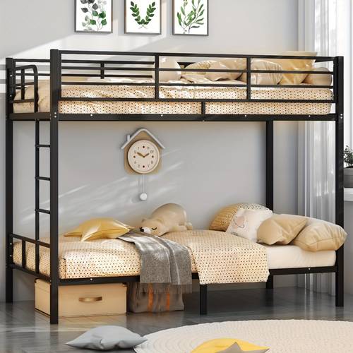 twin over twin bunk bed with flat rungs stairs heavy duty metal bed frame with extra high 15 spring needed