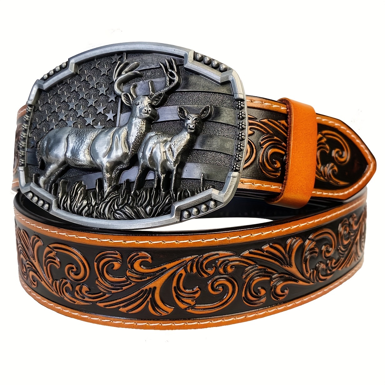 

Mens Womens Western Cowboy Cowgirl Belt Deer Buckle Engraved Embossed Leather Belt Rodeo