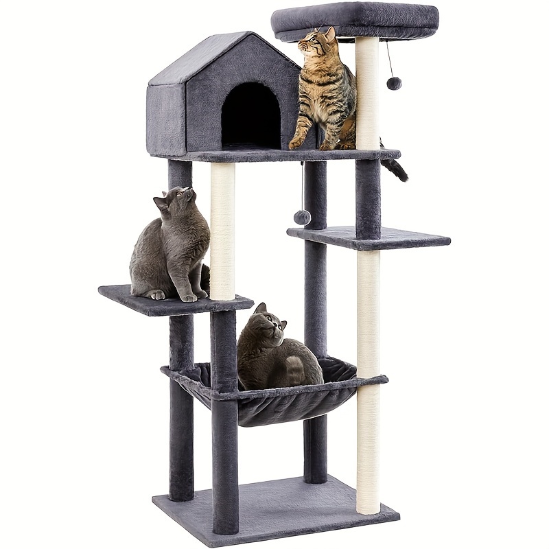 

60 Inch Cat Tower For Indoor Cats, Multi-level Cat Tree With Plush Hammock, Cozy Cat House, Scratching Posts, Top Perch, And 2 Hanging Balls