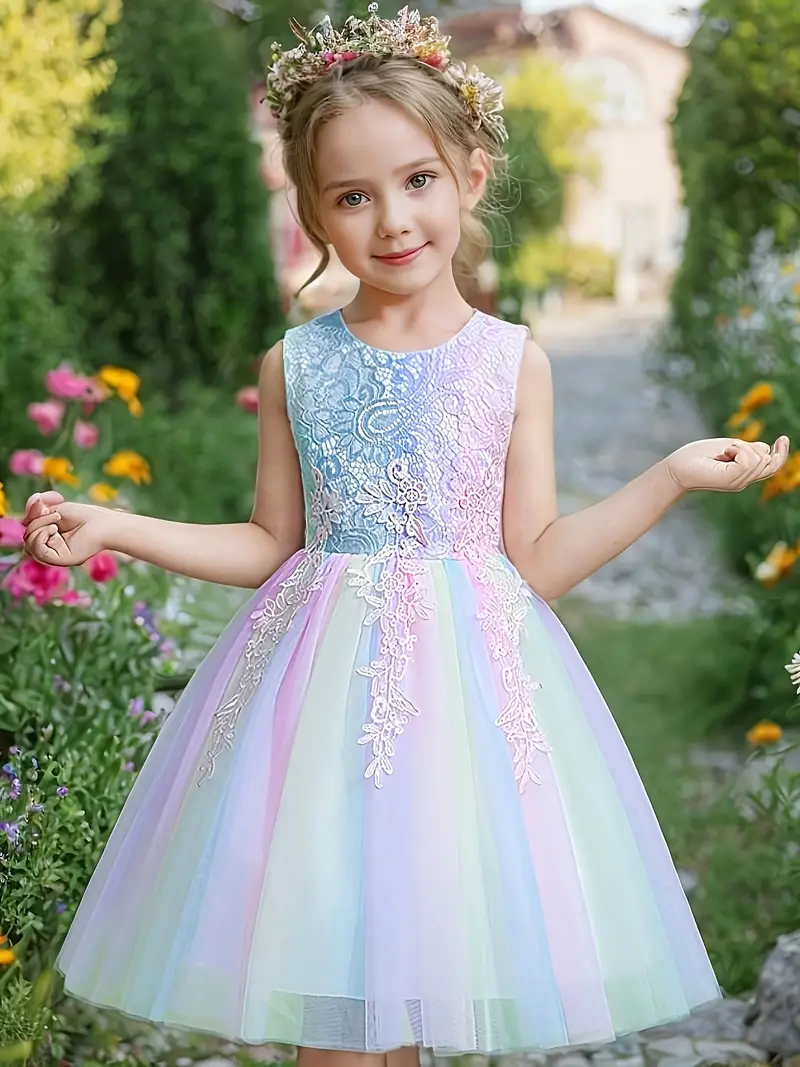 Girls' Rainbow Gradient Sleeveless A-Line Dress with Lace Overlay - Knee-Length Flared Skirt Ballet Dance Dress for Birthday Parties, Performances & Special Occasions, Ballroom Dress, Performance ... Girls' Rainbow Gradient Sleeveless A-Line Dress with Lace Overlay - Knee-Length Flared Skirt Ballet Dance Dress for Birthday Parties, Performances & Special Occasions, Ballroom Dress, Performance ...