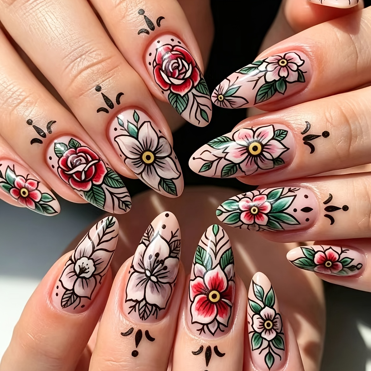 TEMU 24pcs Convenient Press-on Nails, Vintage Tattoo-style Rose Floral Pattern With A Nude , Full Of Vintage Personality And , Wearable Decorative