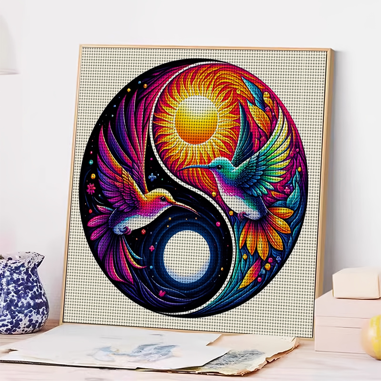 DIY Cross-Stitch Printed Kit, Sun-Moon and Two Birds Pattern