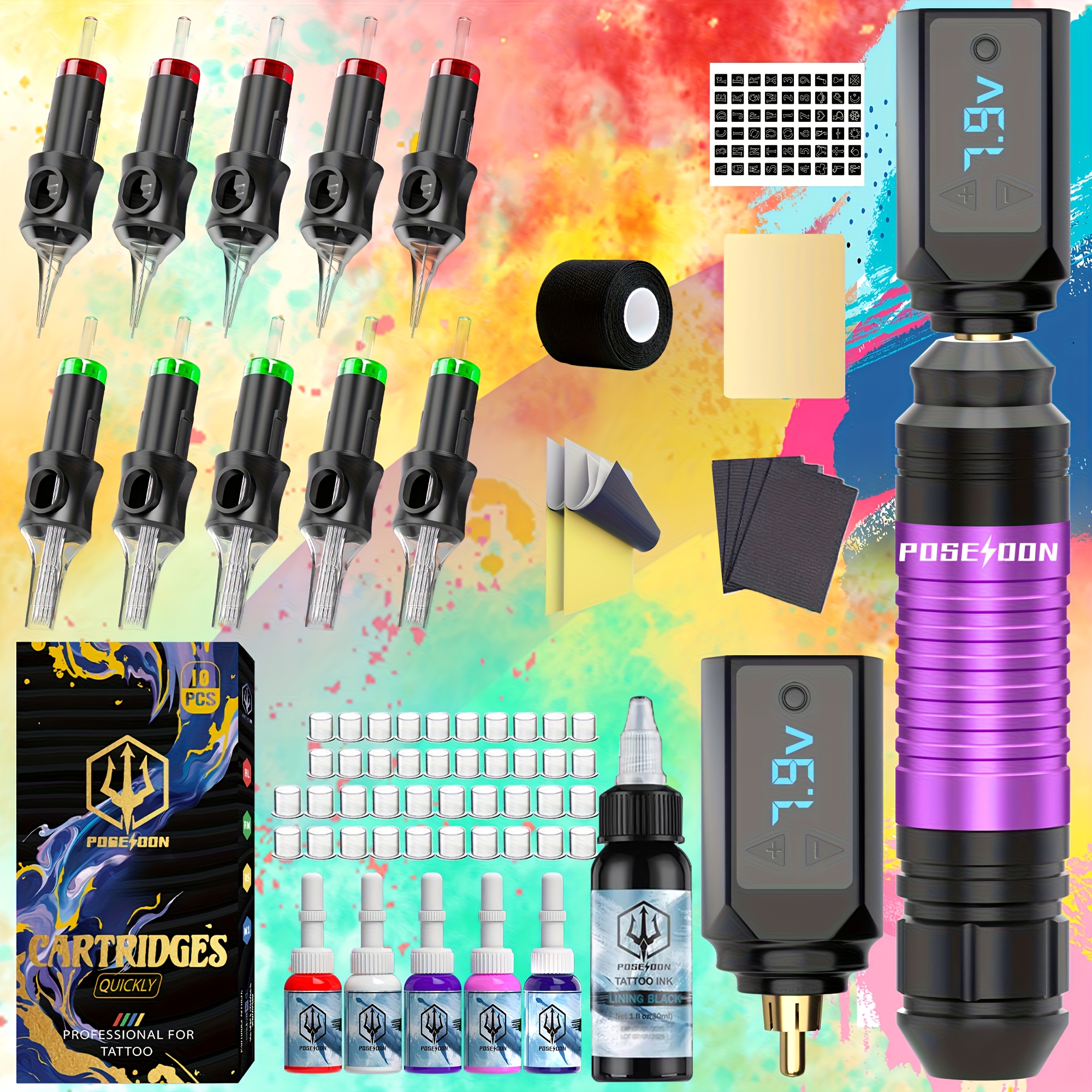 Image of Poseidon Tattoo V5 Gift Tattoo Pen Kit - Poseidon Wireless Tattoo, Tattoo Gun Kit With 2 Tattoo Power Supplies And 10pcs Tattoo Cartridge Needles, Complete Tattoo Kit Practice Tattoo Ink For Fake Skin