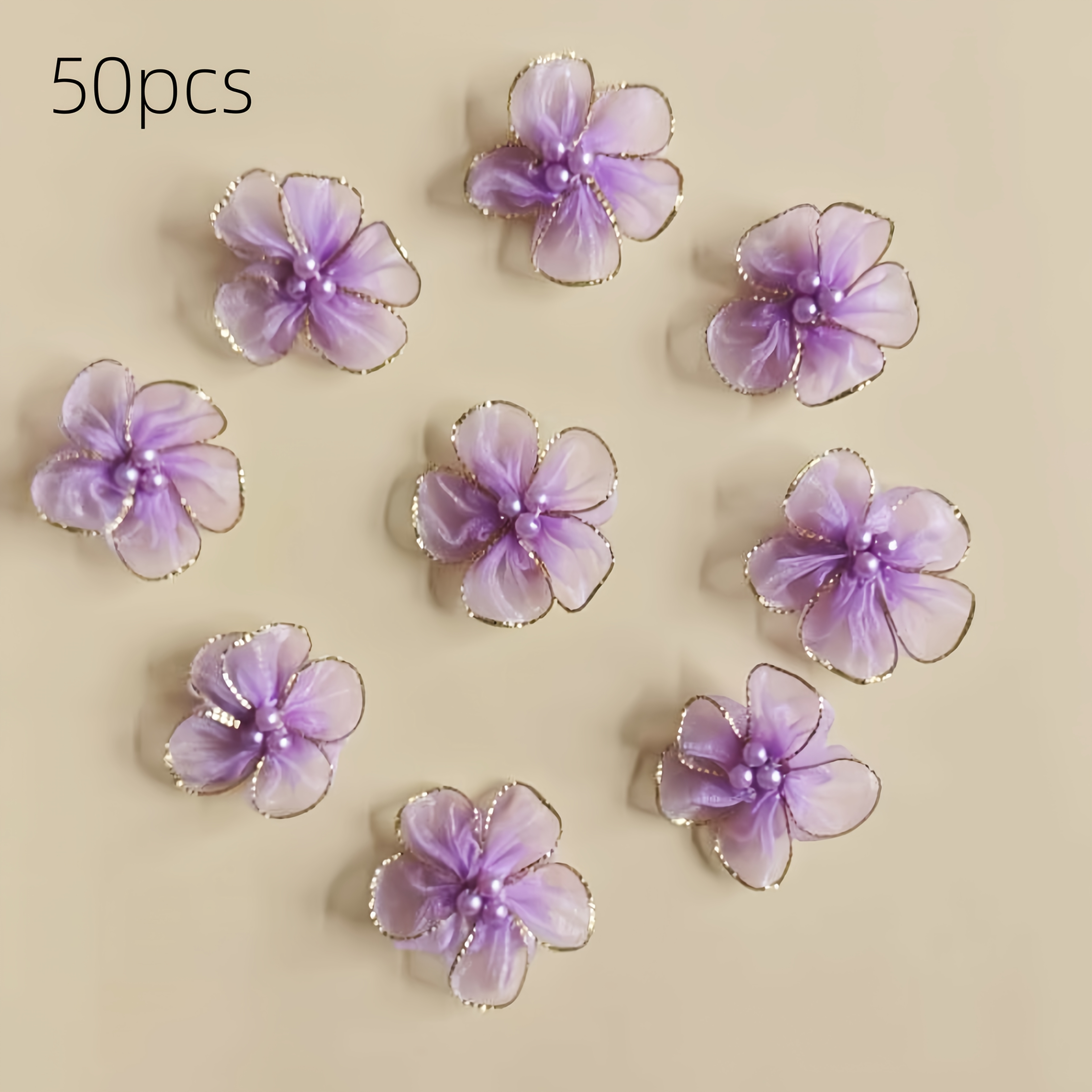 50pcs Handmade Five-petal With 3-bead - Realistic Layered Snow Gauze Fabric Blossoms Suitable For Diy Wedding,, Easter, Mother' Day, 4th Of Decorations - Craft Flowers