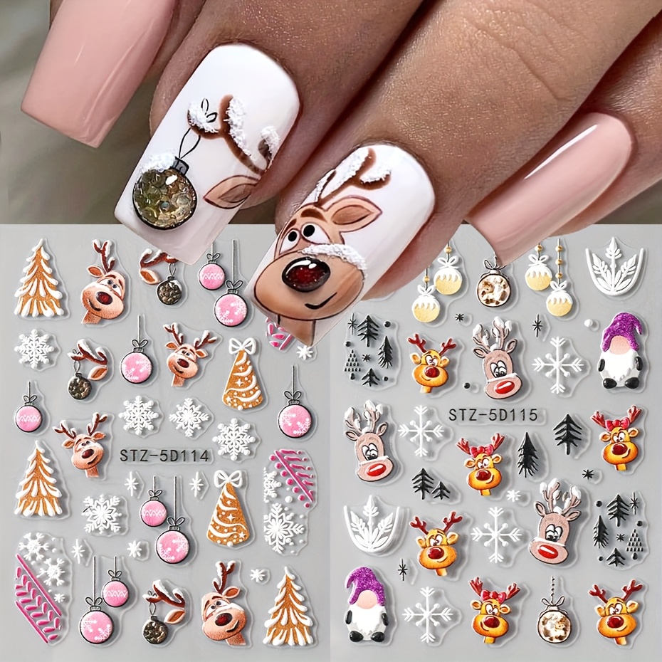 Image of Set Of 2 Christmas-themed Nail Art Stickers Featuring 5d Embossed Designs Of Reindeer, Santa Claus, And Snowflakes, Perfect For Festive . 3d Self-adhesive Decorations Are Easy To Apply