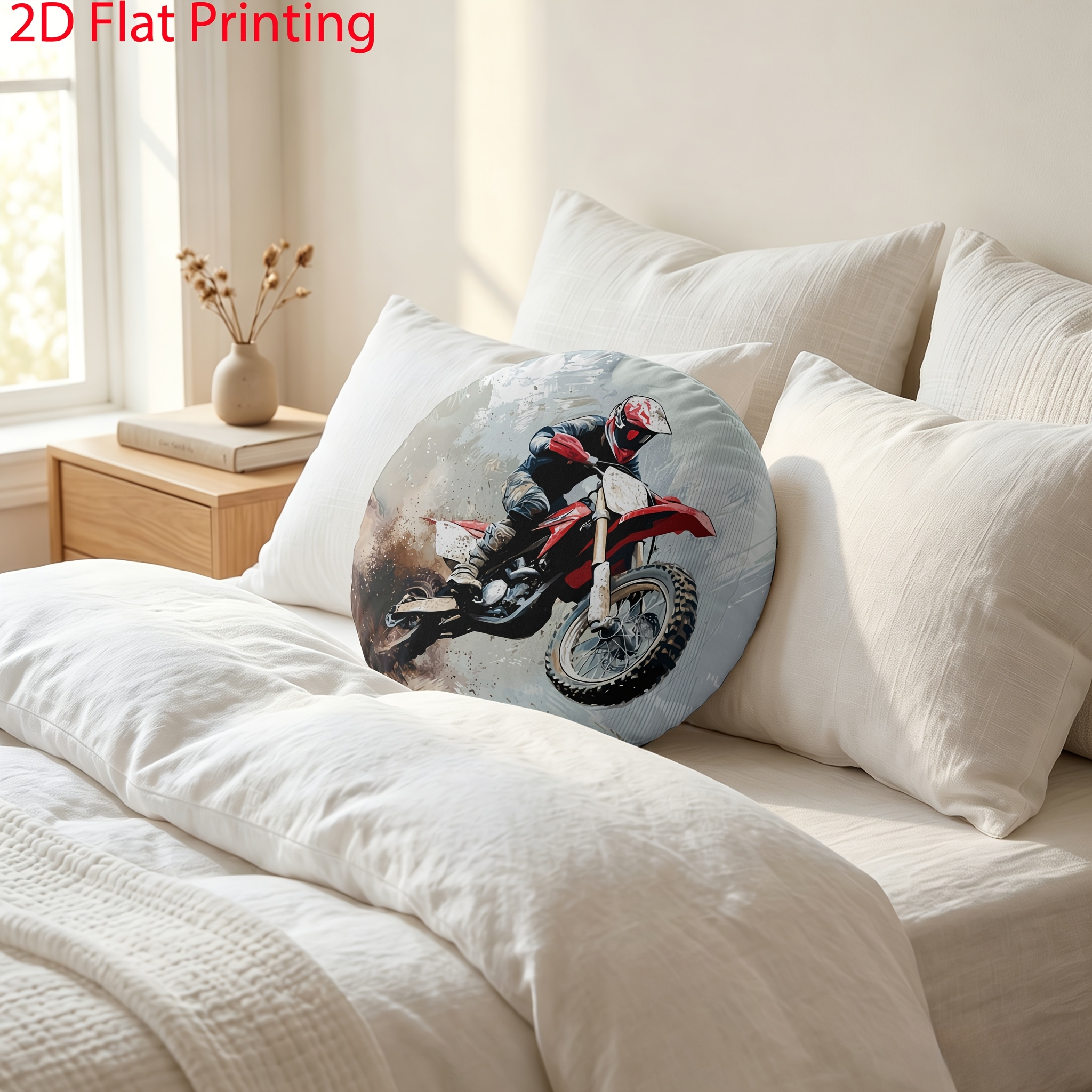 TEMU Motocross Rider Round Throw Pillow, Decorative Cushion With Dirt Bike Racing Artwork, 2d Flat Printing Design, Including Pillow Core, Hidden
