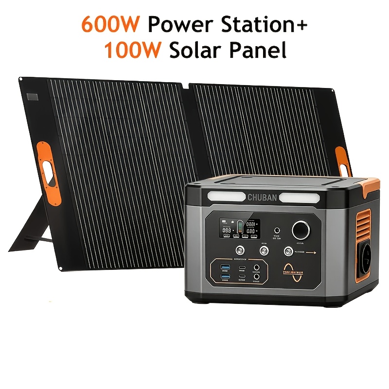 Image of Chuban-new 600w Power Station + 100w Solar Panel, Mobile Power Supply 320wh ( 1200w) Ac Output, Pure Sine Wave Portable , Suitable For Travel Garden, Camping, Rv Trips, Electronic Devices, And