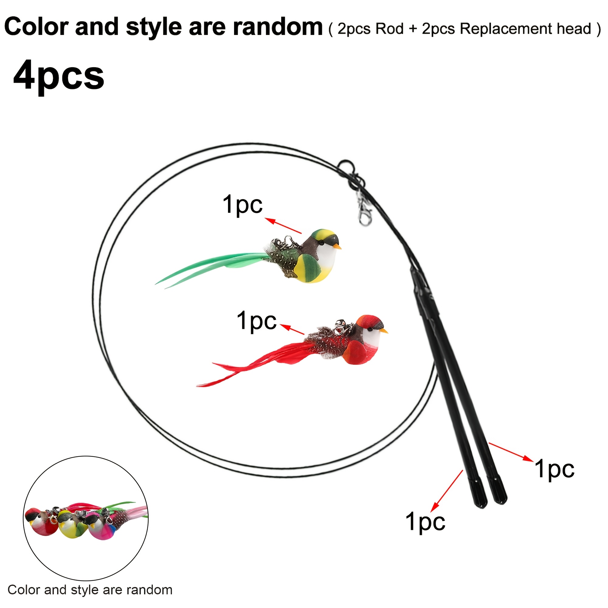 TEMU 4pcs Cat Teaser Set Interactive Cats Toy Simulation Bird Cat Teaser Long Stick Double Stick Cat Hunting Exercise Pet Supplies Accessories,