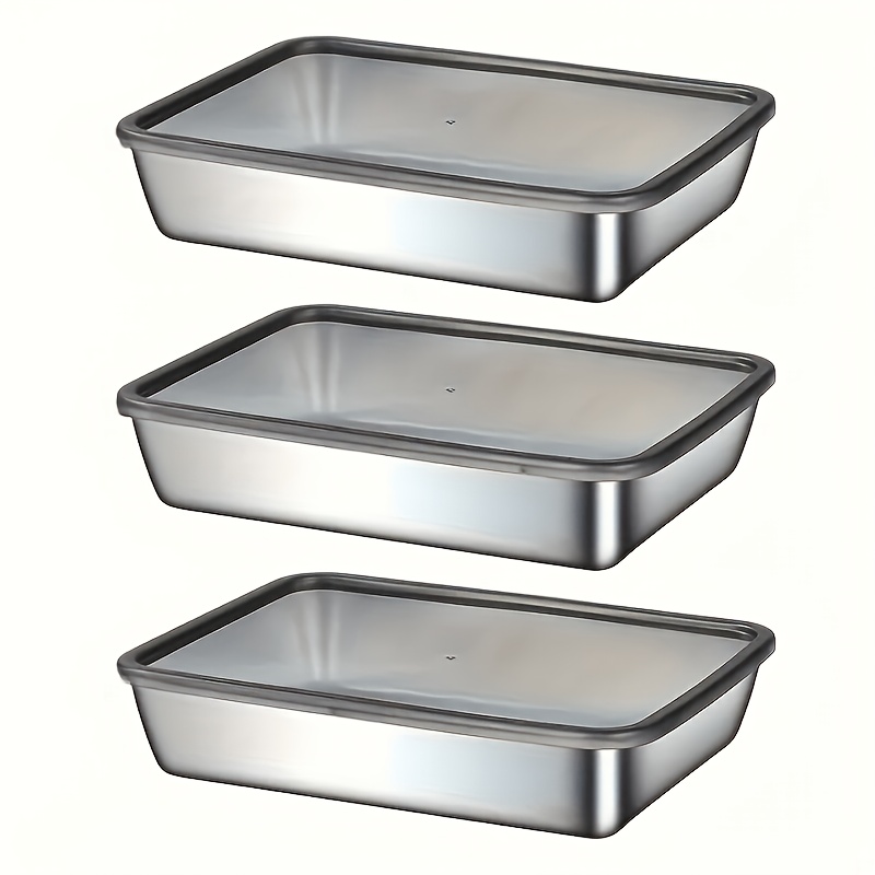 E-shop Ein Set aus 3, 25 cm Edelstahl-Lebensmittelbehältern mit Deckel, für Picknicks, Meal Prep, Kühlschrank-Organisation und Küchenutensilien, kein