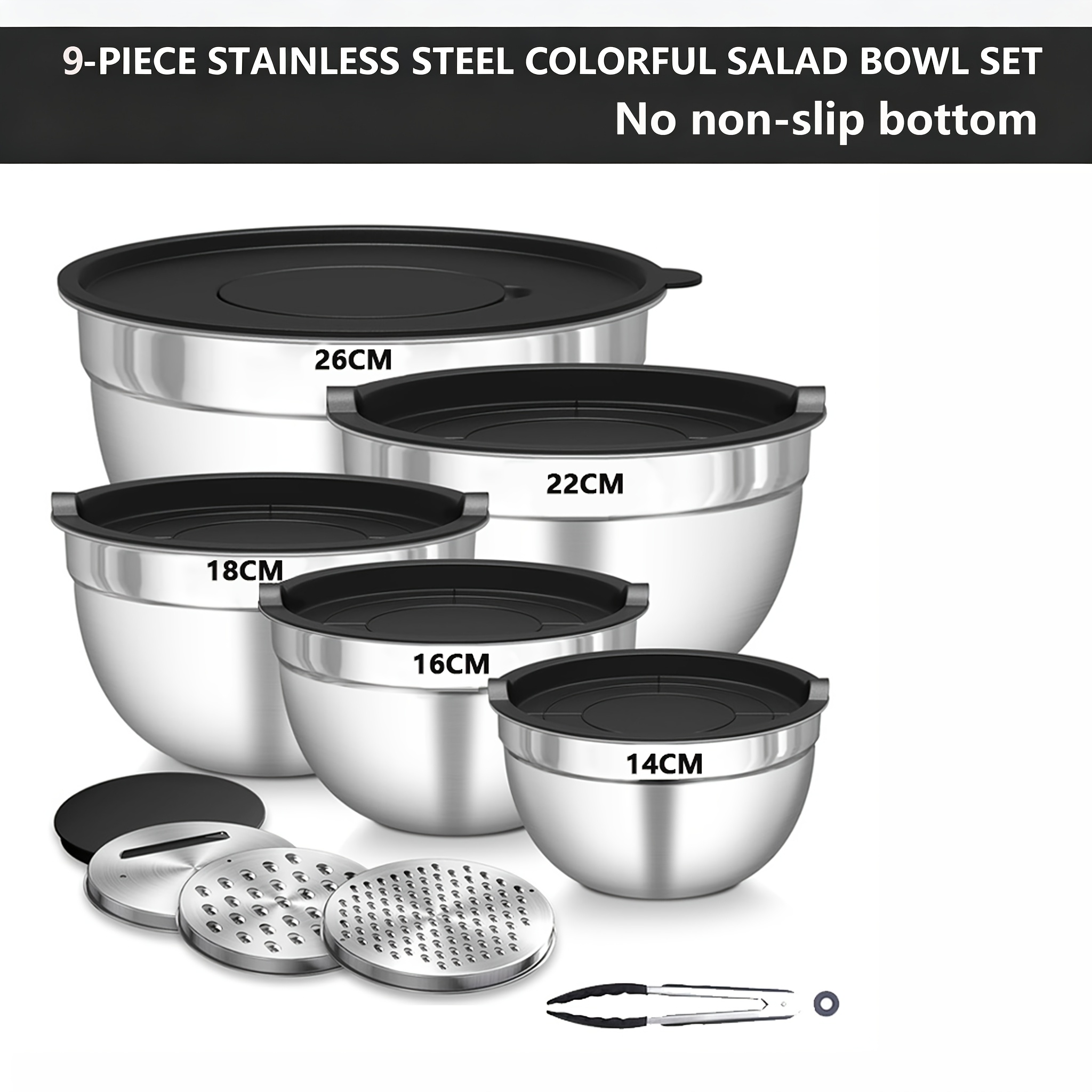 Image of 9/26pcs Stainless Steel Salad Bowls, Utensil Sets, 3 Grater Attachments, Sealed Lid For Rust Prevention, Kitchen Bowls For Cooking, Baking And Food Prep, Stackable, Serving