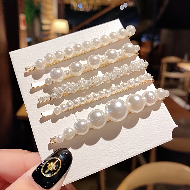 TEMU Un set de 5 pinzas para el cabello diseñadas para parecer perlas, que horquillas tipo perla, pinzas para mujer y accesorios para el uso diario