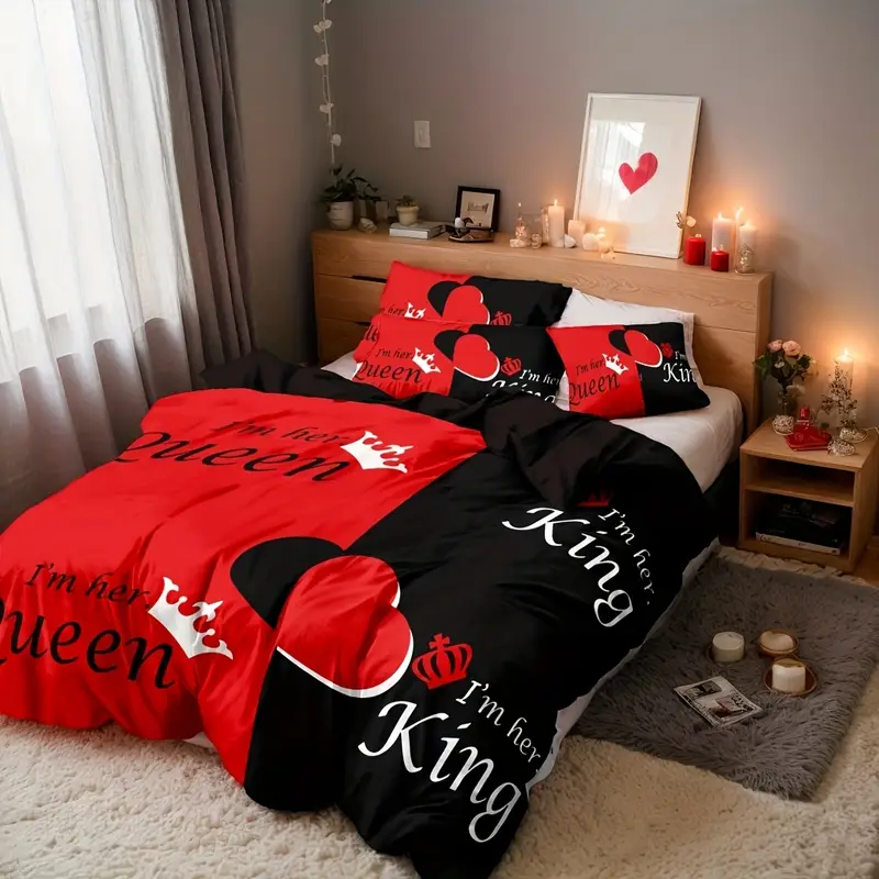 dark red and black three piece bedding set with queen king size featuring printed english letters on the duvet cover and pillowcases Product details 0