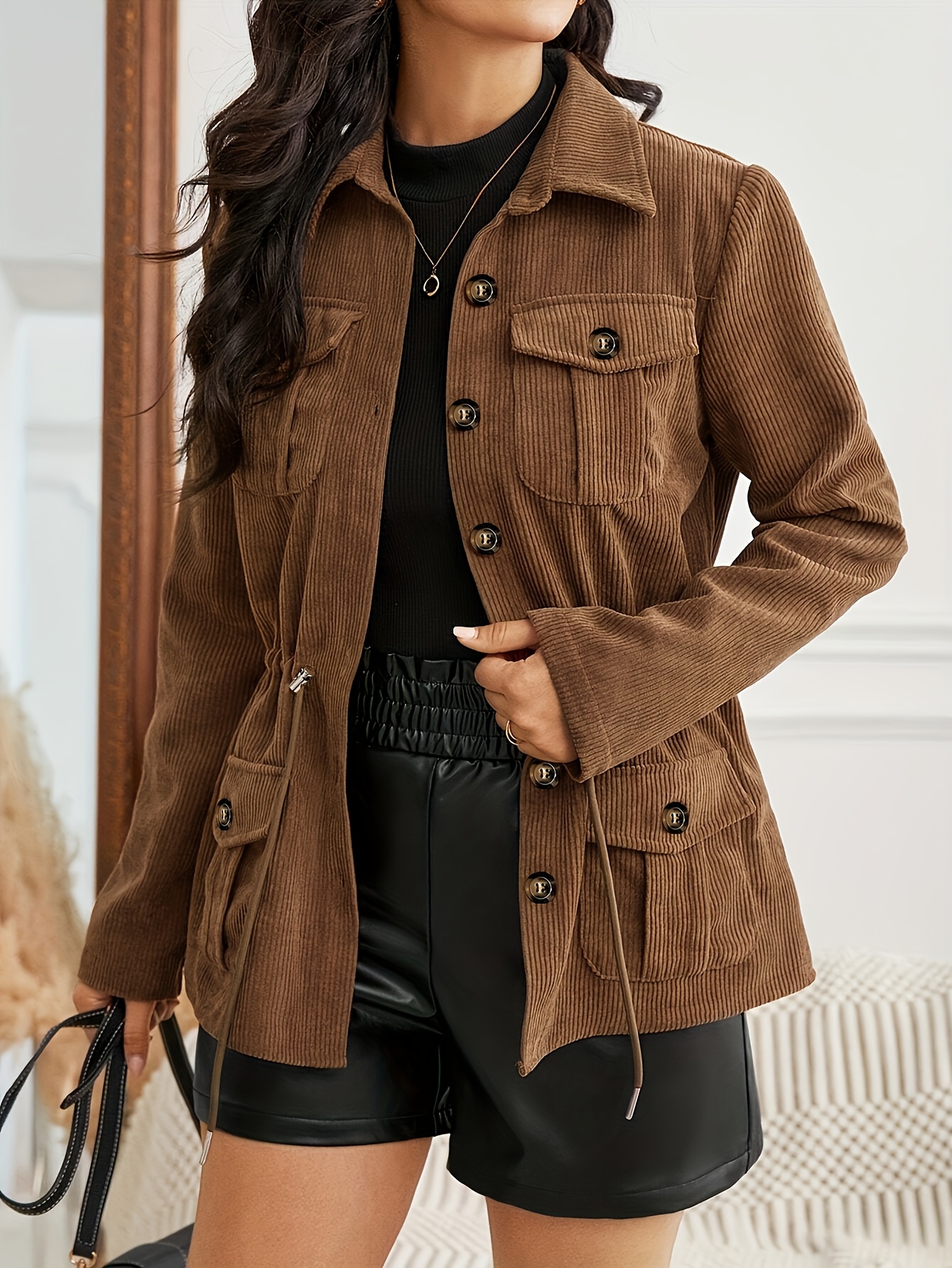 veste décontractée convertible pour femme avec capuche à cordon - manteau lavable en machine toutes  , poches   & design uni, collection   Détails du produit 6