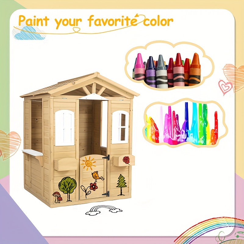 

Wooden Playhouse For Outdoor With Working Door, Windows, Mailbox, Bench, Flowers Pot Holder, 39" X 38" X 55.5