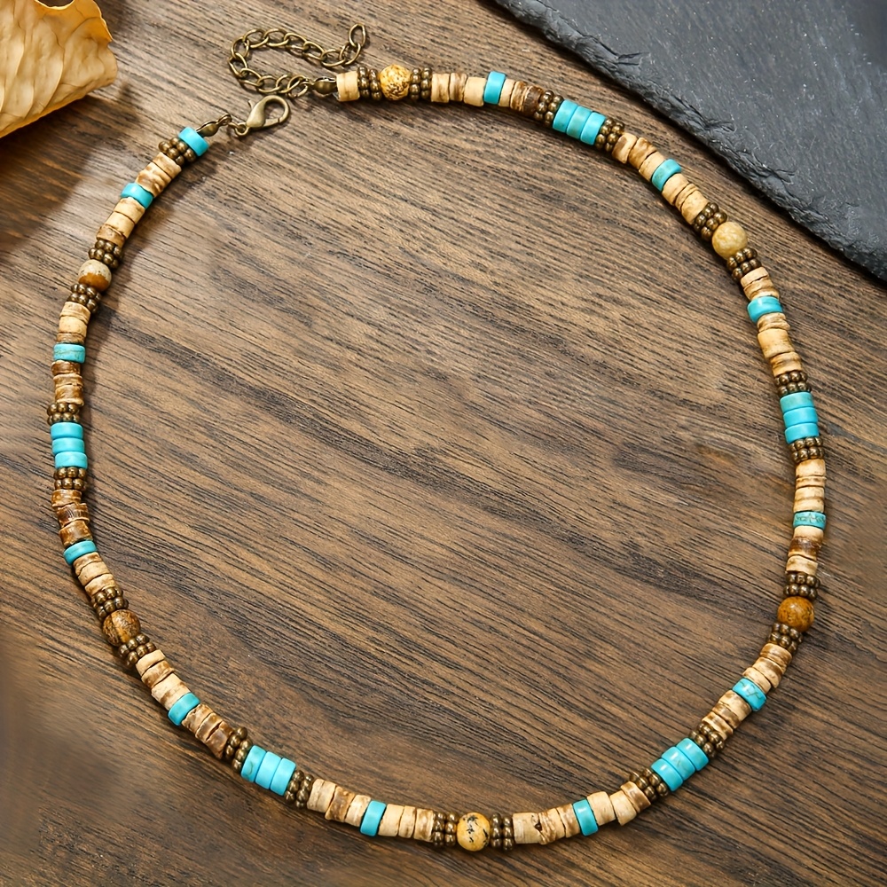 Image of Bohemian-style Unisex Coconut Bead Turquoise Bead Niche Stackable Short Necklace, Men's Collarbone Chain