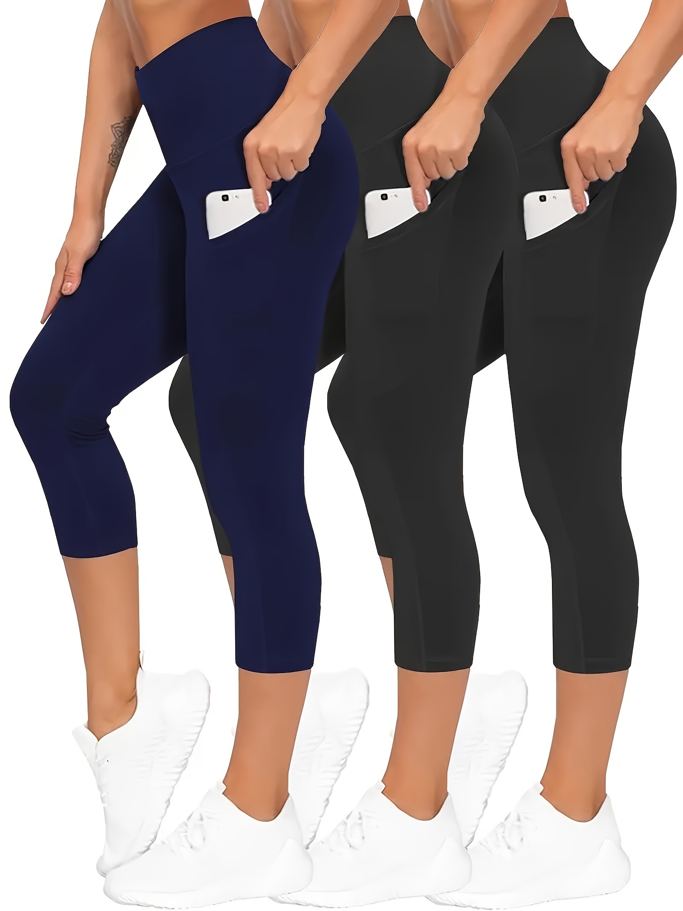 Women's Capri Leggings, Solid Pocket Stretchy Capri Leggings