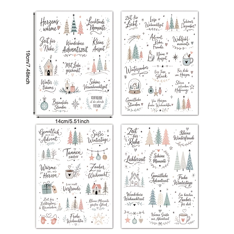 TEMU 4pcs, Pastel Christmas Tree House German Short Pattern, Uv Dtf Waterproof Scratch-resistant Vinyl Material, Suitable For Crafts, Mugs, Bottles,