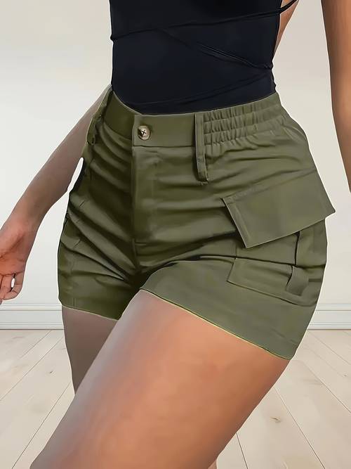 womens high waist solid color shorts with zippered pockets stretchy material casual summer shorts suitable for outdoor activities casual summer wear zippered shorts soft texture