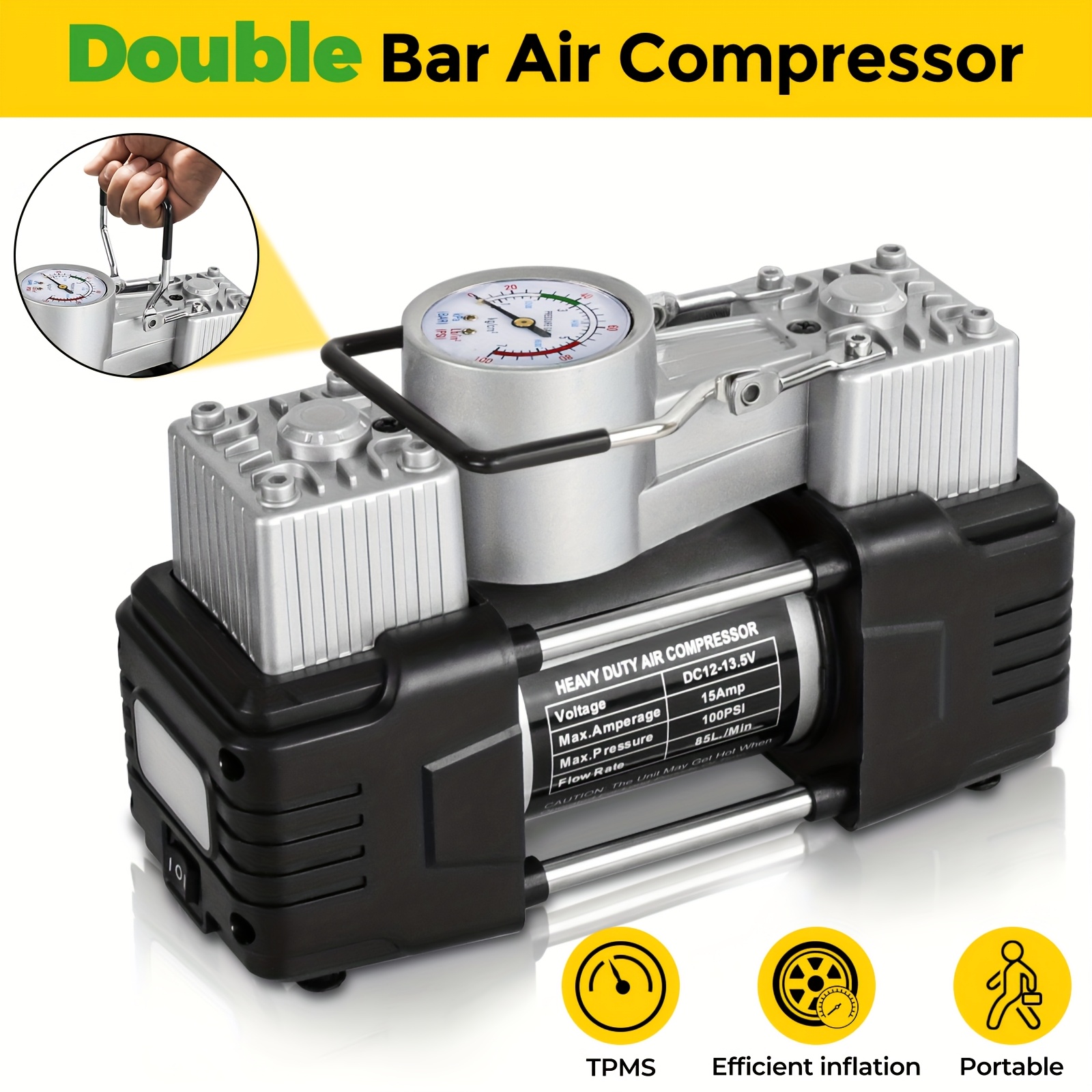 12V Heavy Duty Portable Air Compressor Tire Inflator with Electric Motor  Multiple Inflation Quick Truck, Bike Tir