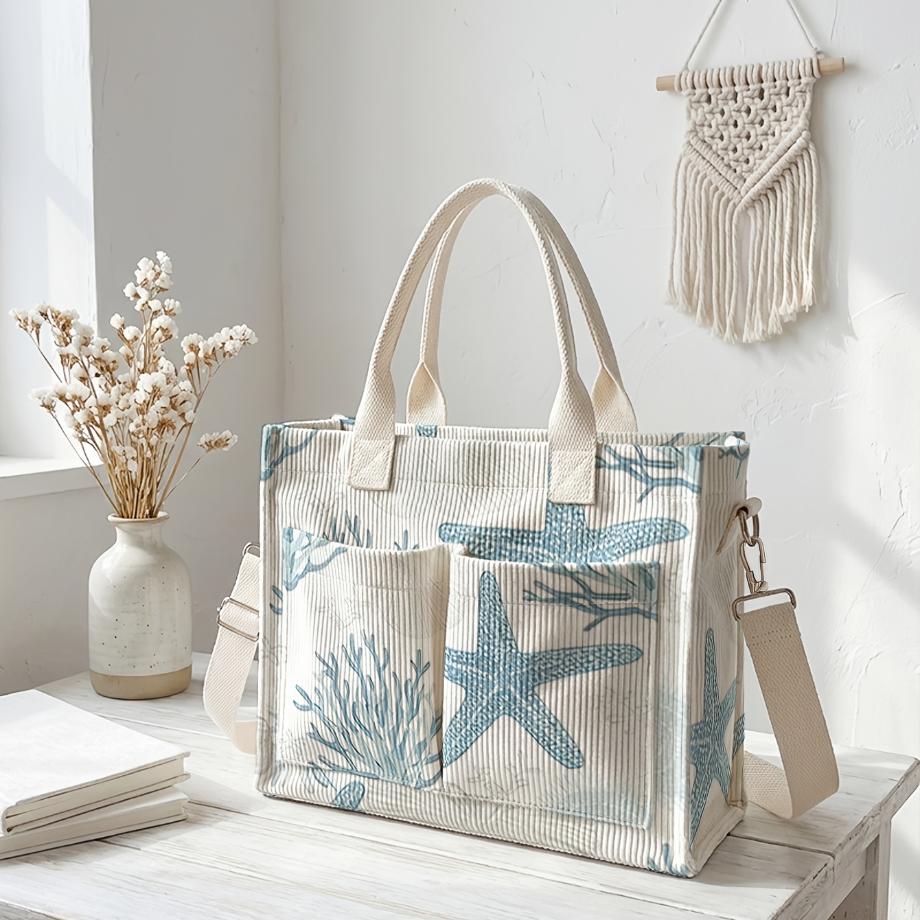TEMU Women's Crossbody Bag With 2d Ocean-themed Pattern Print, Dual- + Adjustable Shoulder Strap, Corduroy Texture | Versatile For Daily