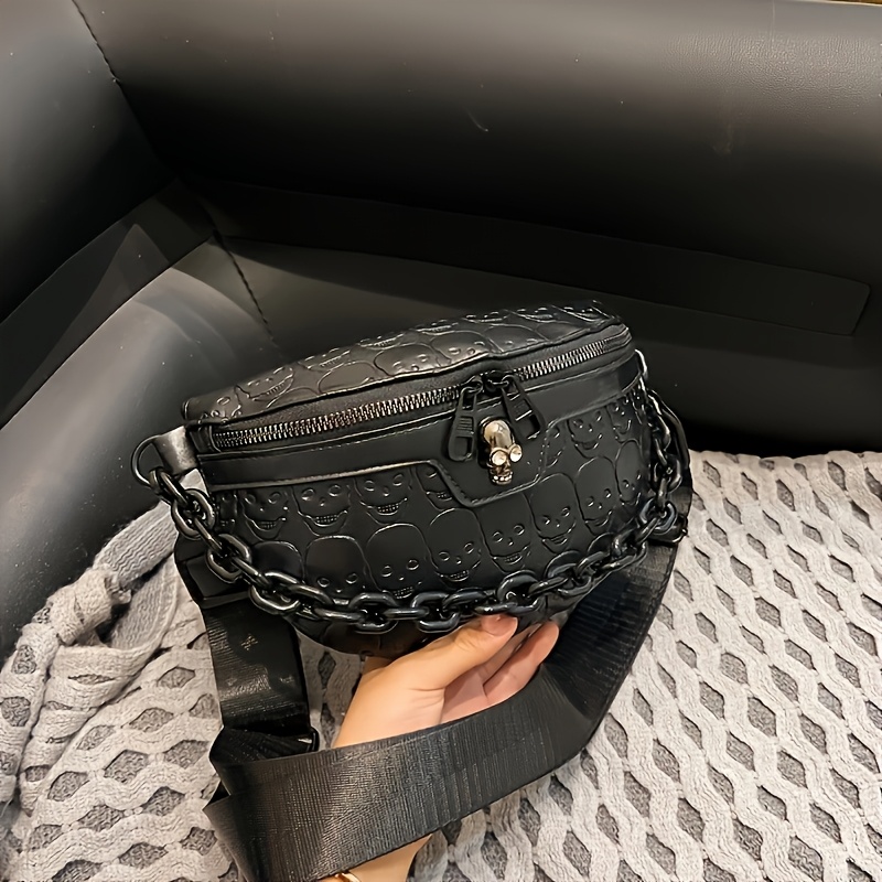 Halloween Skull Embossed Women's Chest Bag Solid Color Niche Fashion Versatile Shoulder Bag Crossbody Bag Women's Waist Bag