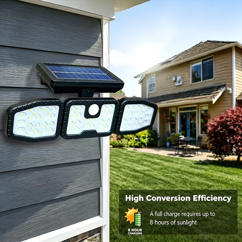 TEMU Solar Powered Outdoor 3 Head Wall Light With Garden Motion Sensor. 3 Adjustable Led Lamp Heads, Auto On At Dusk, Auto On & Emergency Lighting. ,