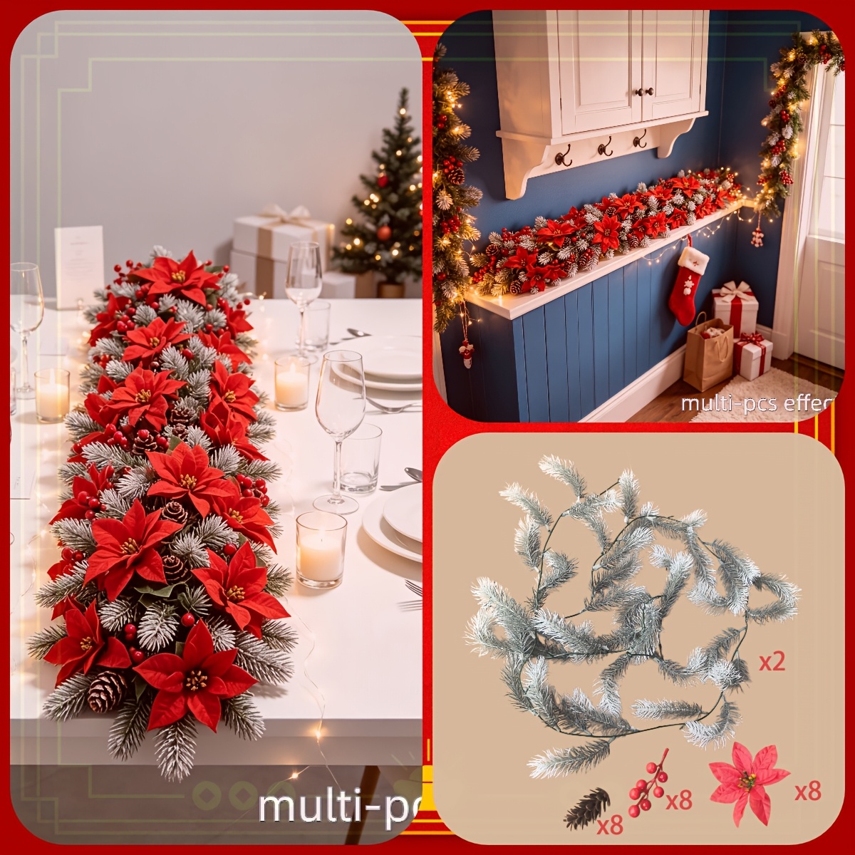 TEMU 2pcs Luxurious Faux Cedar Vines With And Red Flowers, Suitable For Indoor And Home Decor, Wreath, Decoration, Fireplace, Staircase, And