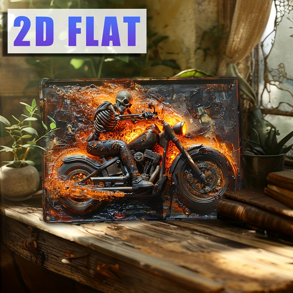 TEMU 1pc 2d Flat Skeleton On Motorcycle Iron Metal Sign - 12x8 Inches/30x20cm - Vintage Wall Art Decor For Bedroom, Living Room, Garden, Studio - Unique Gift Idea For And 's Day