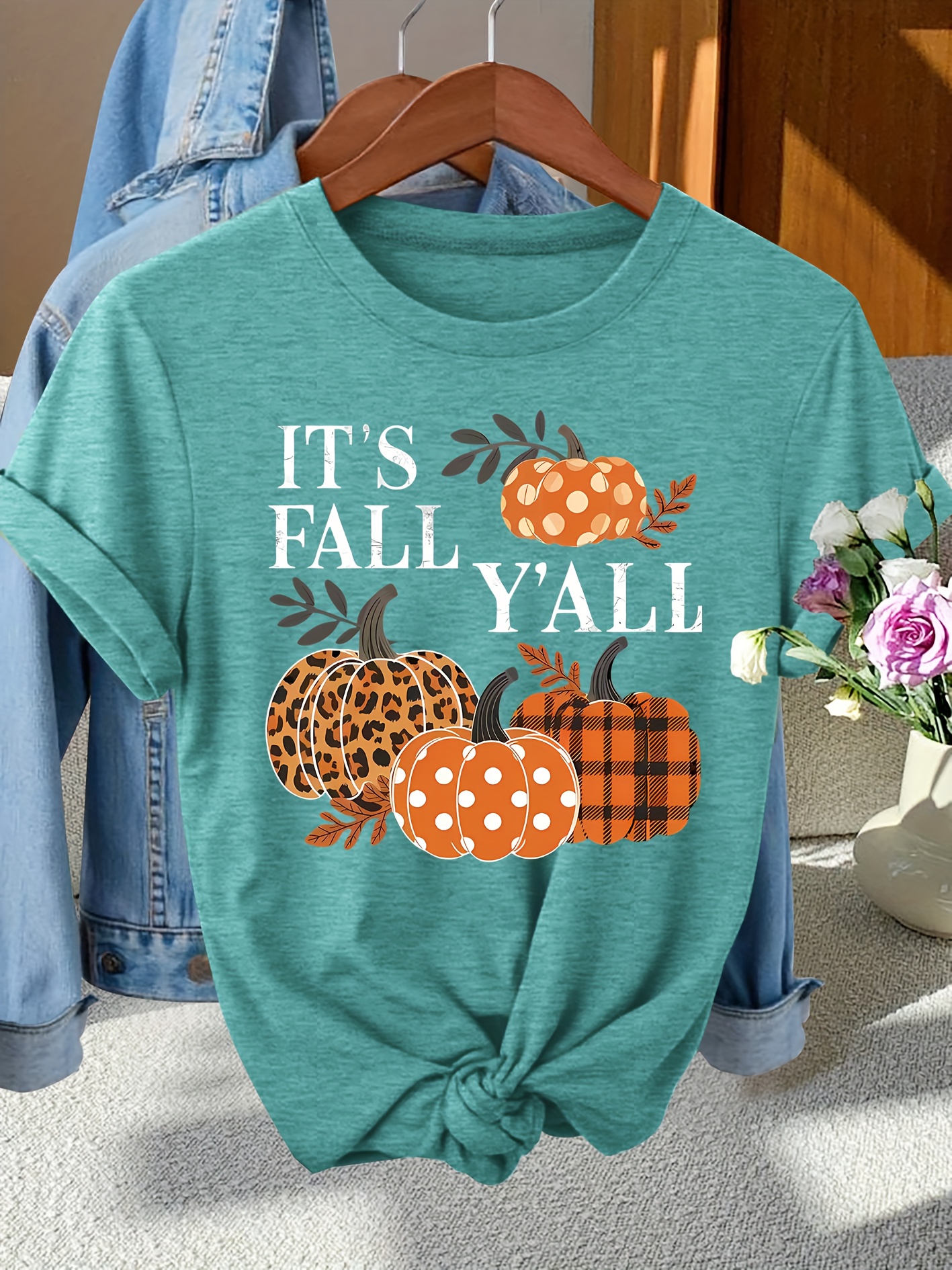 item picture thanksgiving womens elegant maple leaf and colorful pumpkin letter print round neck t shirt for spring summer and fall fashionable versatile vintage   t shirt for commuting vacation and daily wear   in multiple colors