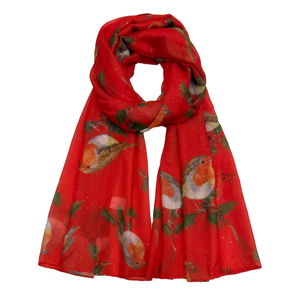 TEMU Christmas Robin Holly Print Scarf Sparkling Silvery Powder Decor Shawl Vintage Versatile Holiday Gift