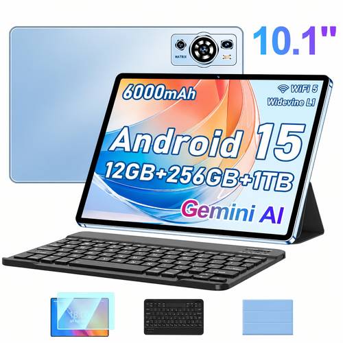 UXD A5 Tablet Android 15 con Display IPS da 10.1 pollici, 12GB RAM, 256GB ROM + Supporto Espansione da 1TB, Supporta WiFi, Schermo HD IPS Led, Processore Octa-core, Batteria da 6000mAh, Completo con Tastiera, Mouse, Stilo, Custodia Protettiva e Completa Suite di Accessori