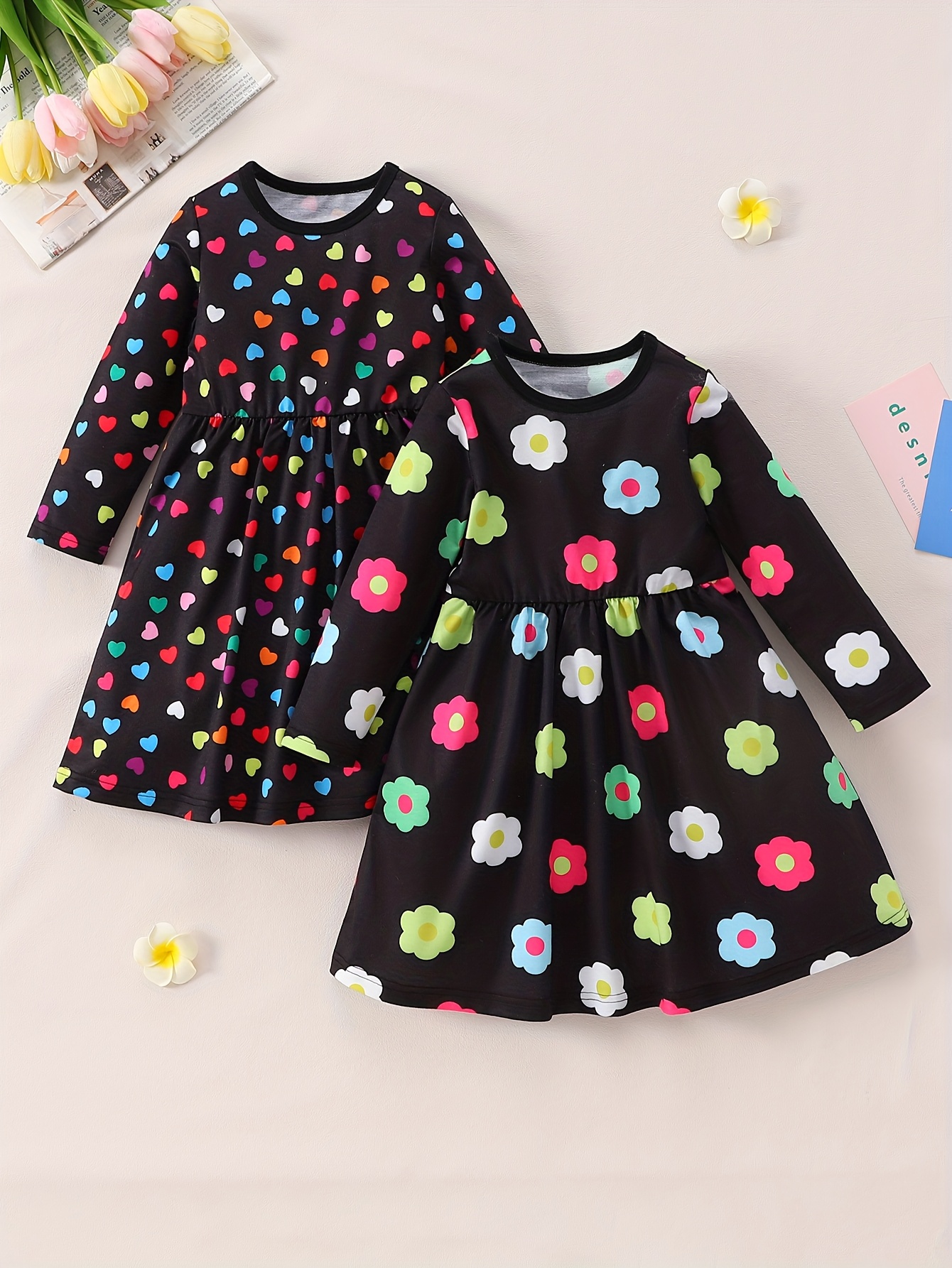 2pcs Girls' Winter Dress Set A-Line Smock Dress with Hem Puff  Sleeves, Multicolor Heart Flower Print (Pink/Green/Blue/Purple)  Non-Stretch