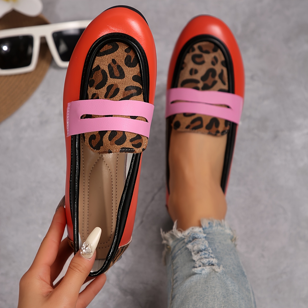 womens leopard print flats stylish red black   with   comfortable slip on casual shoes synthetic cover upper rubber sole   casual attire   details 3