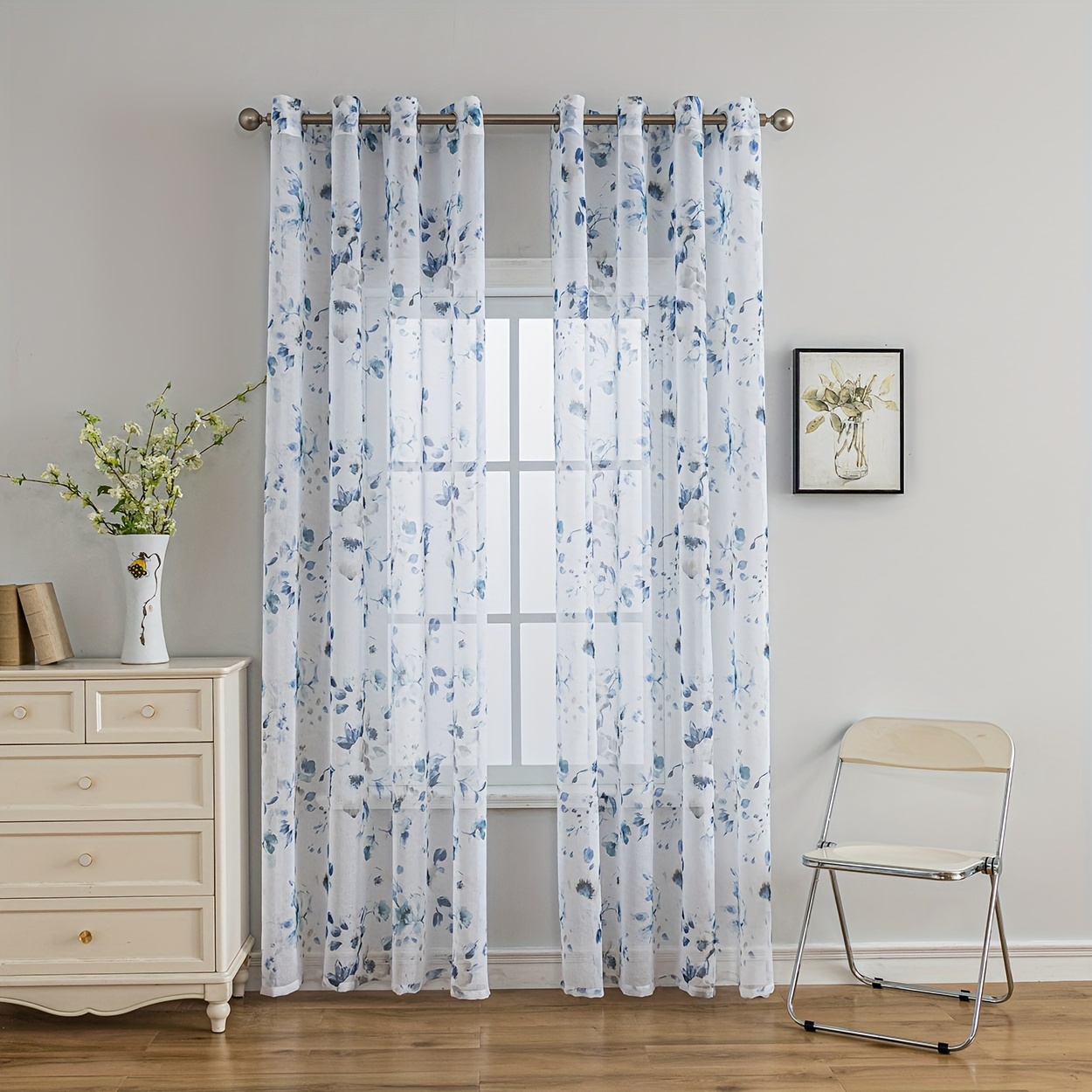 Image of 2pcs Vintage Blue Flower Embossed Transparent Curtain, Suitable For Living Room, Bedroom, Restaurant, Party Decoration, House Decoration, Etc