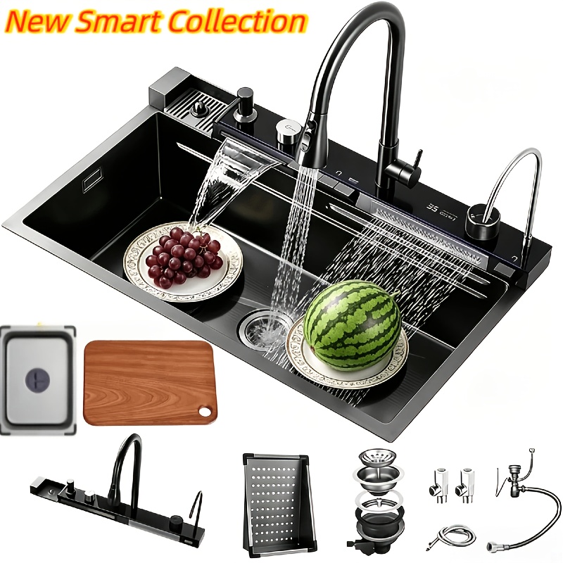 Image of 26.7' Black Wire Kitchen Sink, Digital Display Sink, Stainless Steel Large Single Bowl Sink With Accessories (colour: Black, Size: 68x45x22cm)
