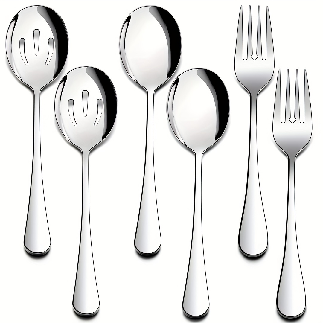 

6pcs, Stainless Steel Serving Set, Solid & Slotted Spoons, Serving Fork, Buffet Catering Serving Utensils, , Restaurant & Hotel Quality