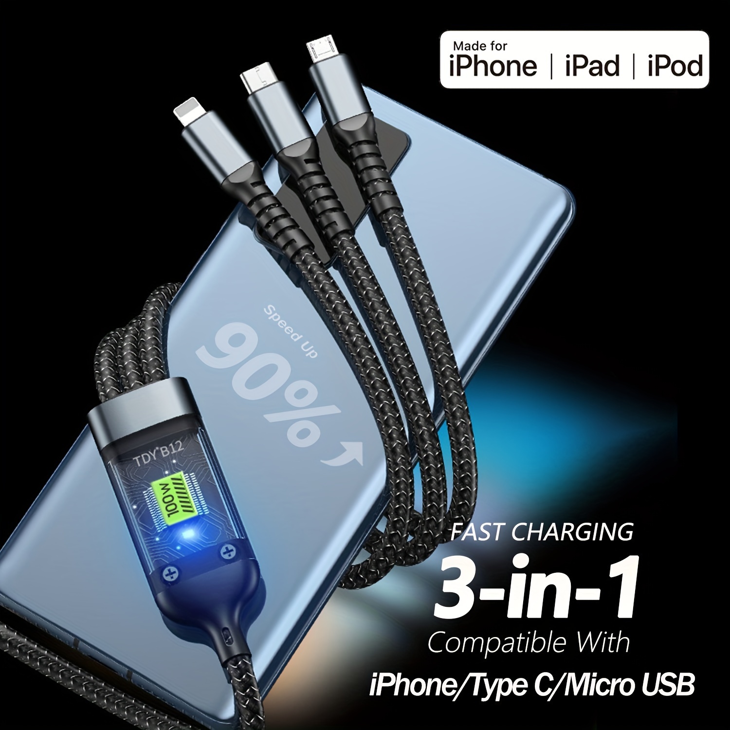 

100w 3-in-1 Charging Cable Qc3.0 Multi Charger Cord Braided Multi Charging Cord 3 In 1 Multi Charger Cable For Iphone/type C/micro Usb Port For Cell Phones For Iphone/samsung/lg/tablets And More