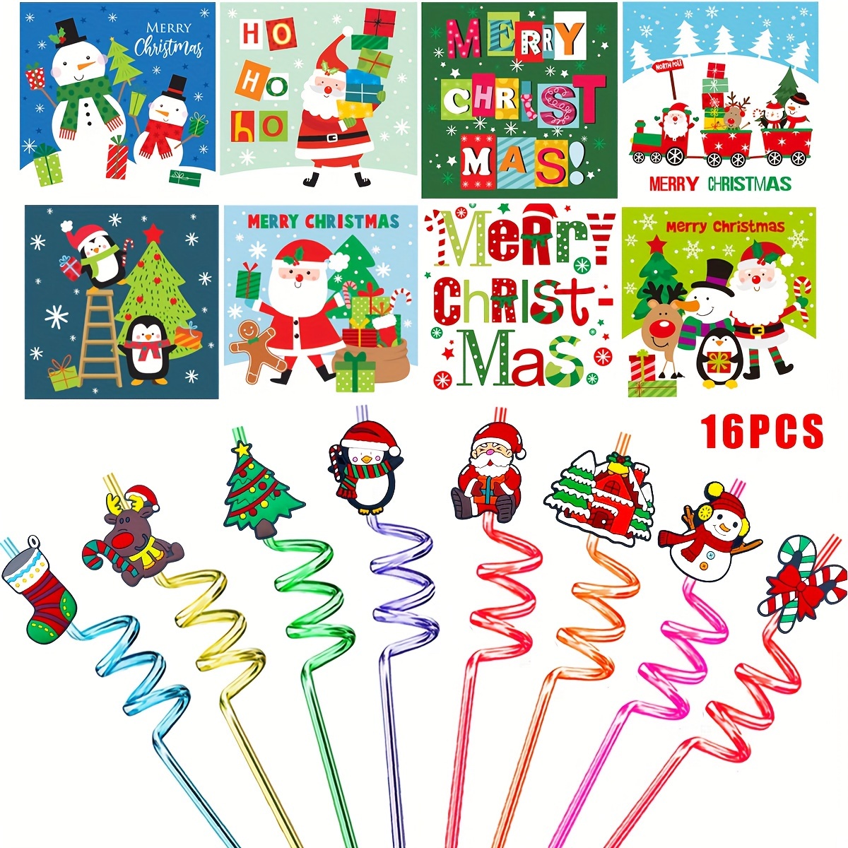 Image of 16pcs Christmas Party Straws Reusable Plastic Spiral Straws Christmas Party Decoration Supplies Suitable For Christmas Decoration And Christmas Gifts New Year Gifts With Christmas Cards Plus 8 Cards