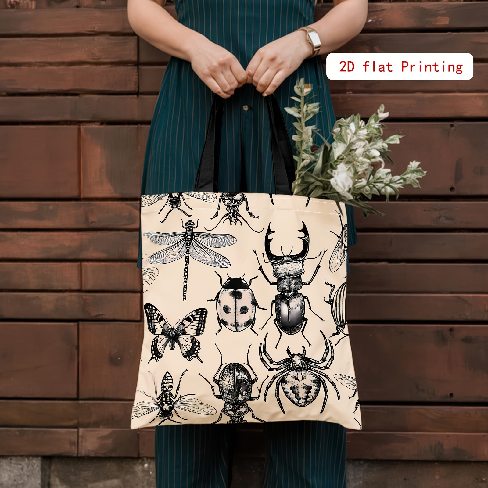 TEMU 1pc Tote Bag With 2d Flat Effect, Light Beige With Black And White Hand-painted Insect Specimen Illustration, Large Capacity, Gift, Suitable For