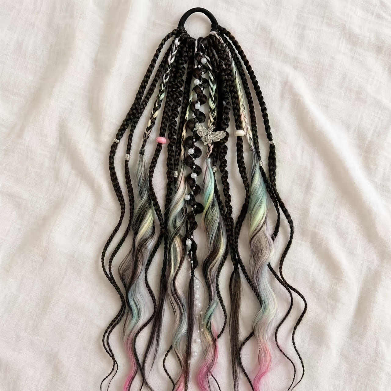 TEMU Boho Braided Ponytail Hair Extension 24 Inch, Pastel Gradient Colored Wig Ponytail With Decor, Festival Dress Up Wig, Cosplay Role Play Costume