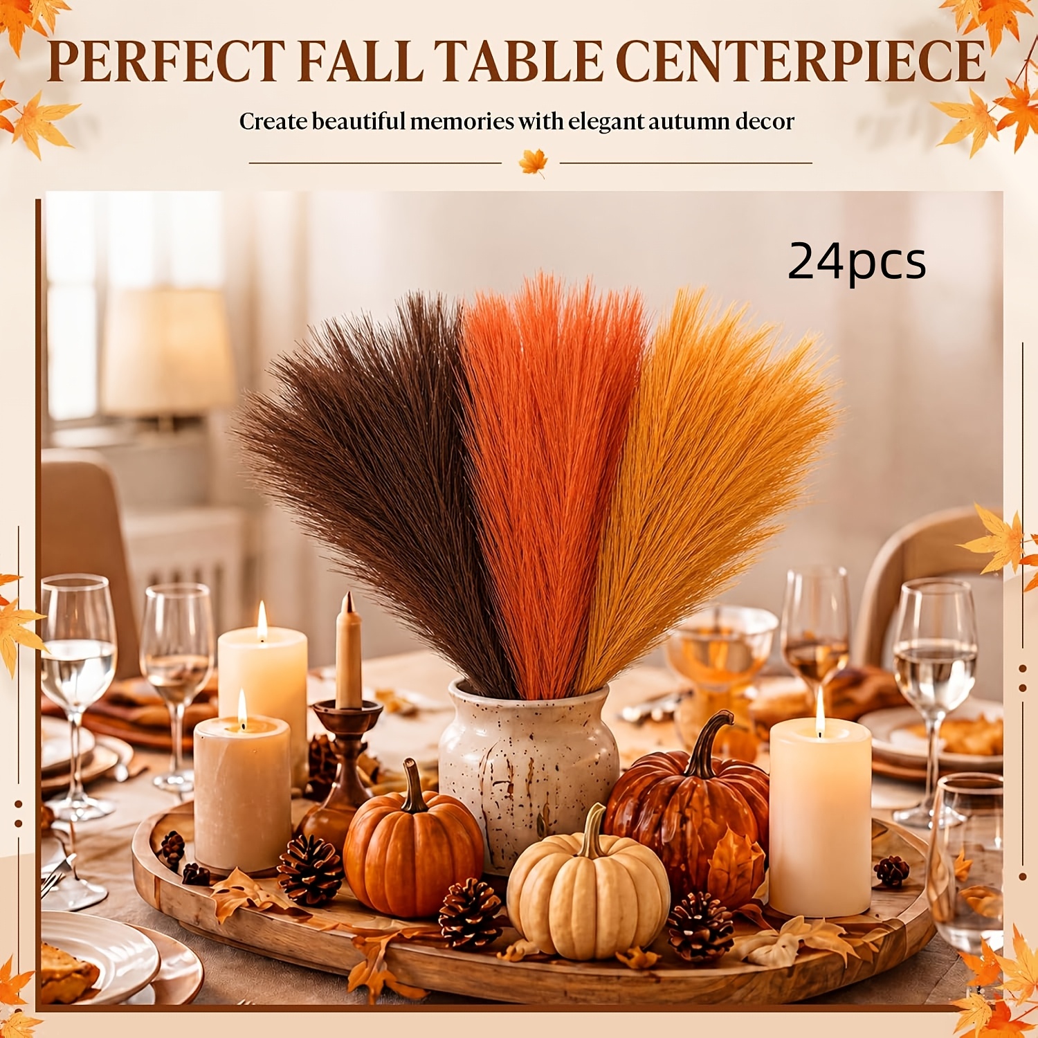 TEMU 24pcs Orange Pampas Grass Decor 21in/56cm Fluffy Faux Colored Pampas Grass Short Artificial Orange Stems Vase Filler Fall Flower Arrangement For