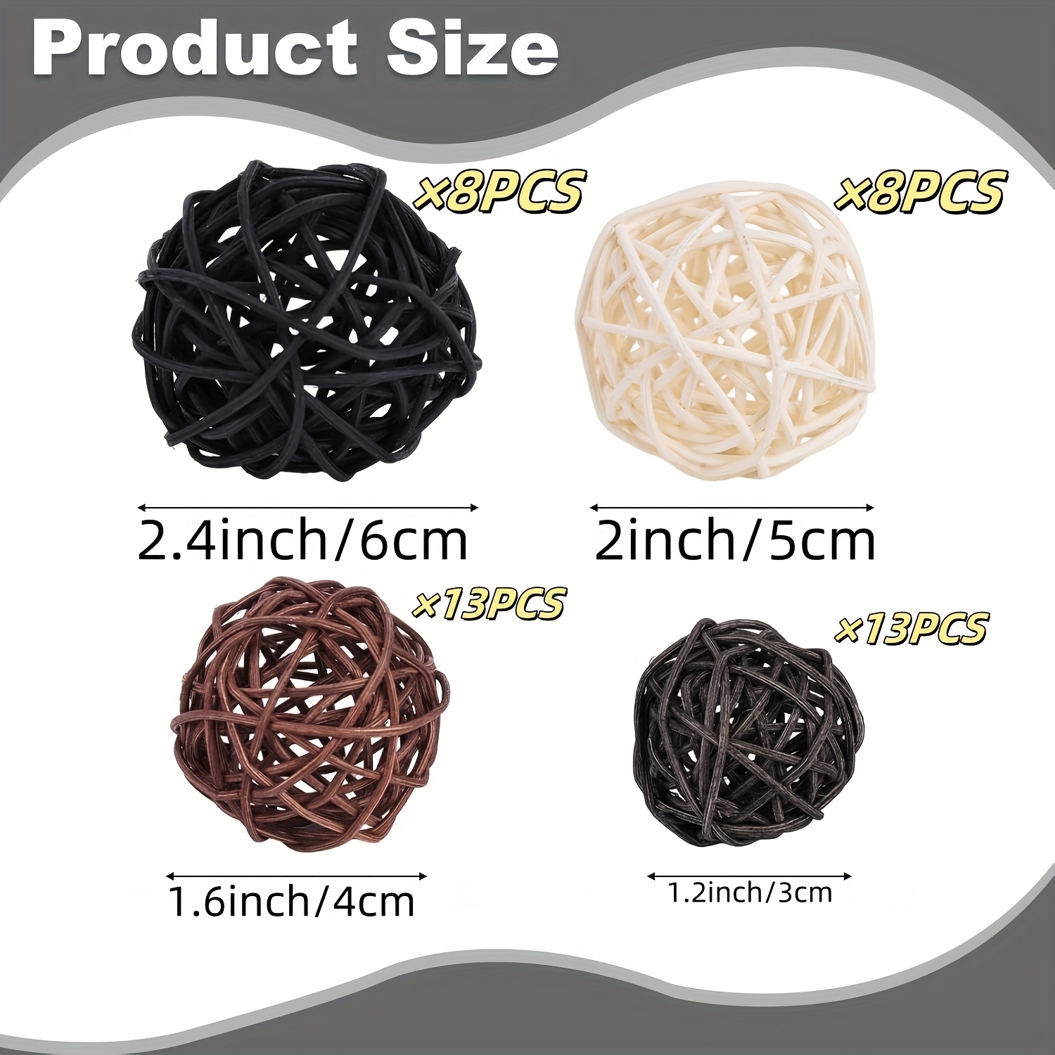 Image of 42pcs Natural Rattan Woven Balls - 2" Diameter, Assorted Colors & Sizes, Diy Crafts, Vase Fillers, Wedding & Home Decor