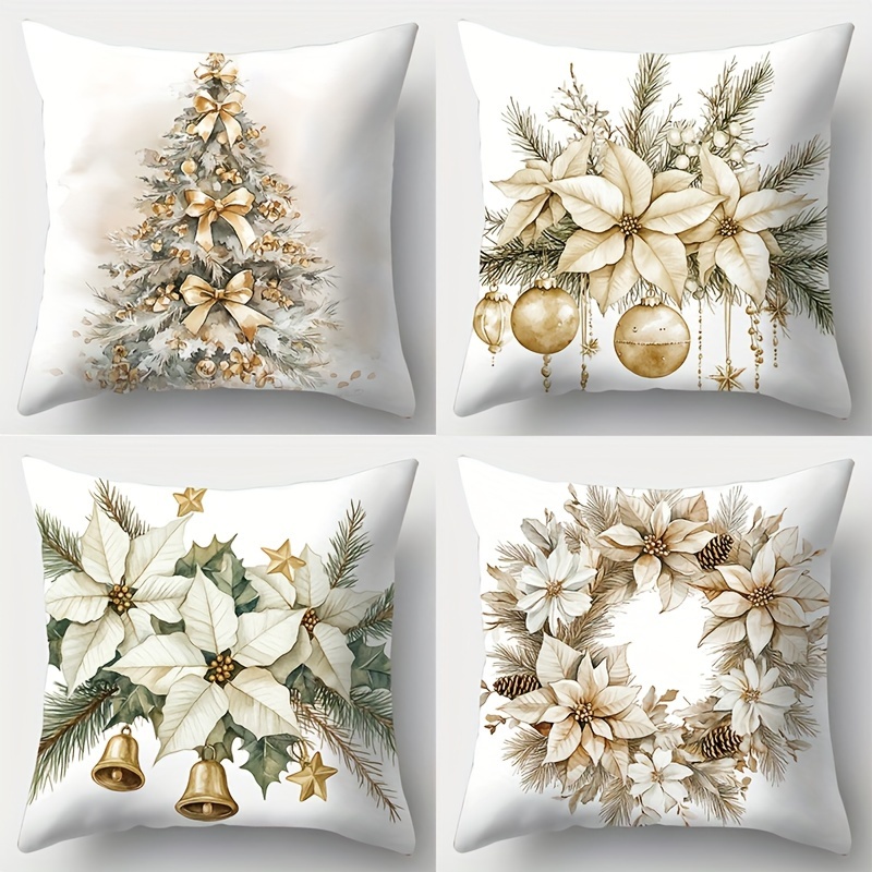 

Ensemble de 4 housses de coussin de Noël, style contemporain, design avec des arbres de Noël et des guirlandes, fermeture éclair, lavage à uniquement, polyester, décoration de salon - Blanc et doré